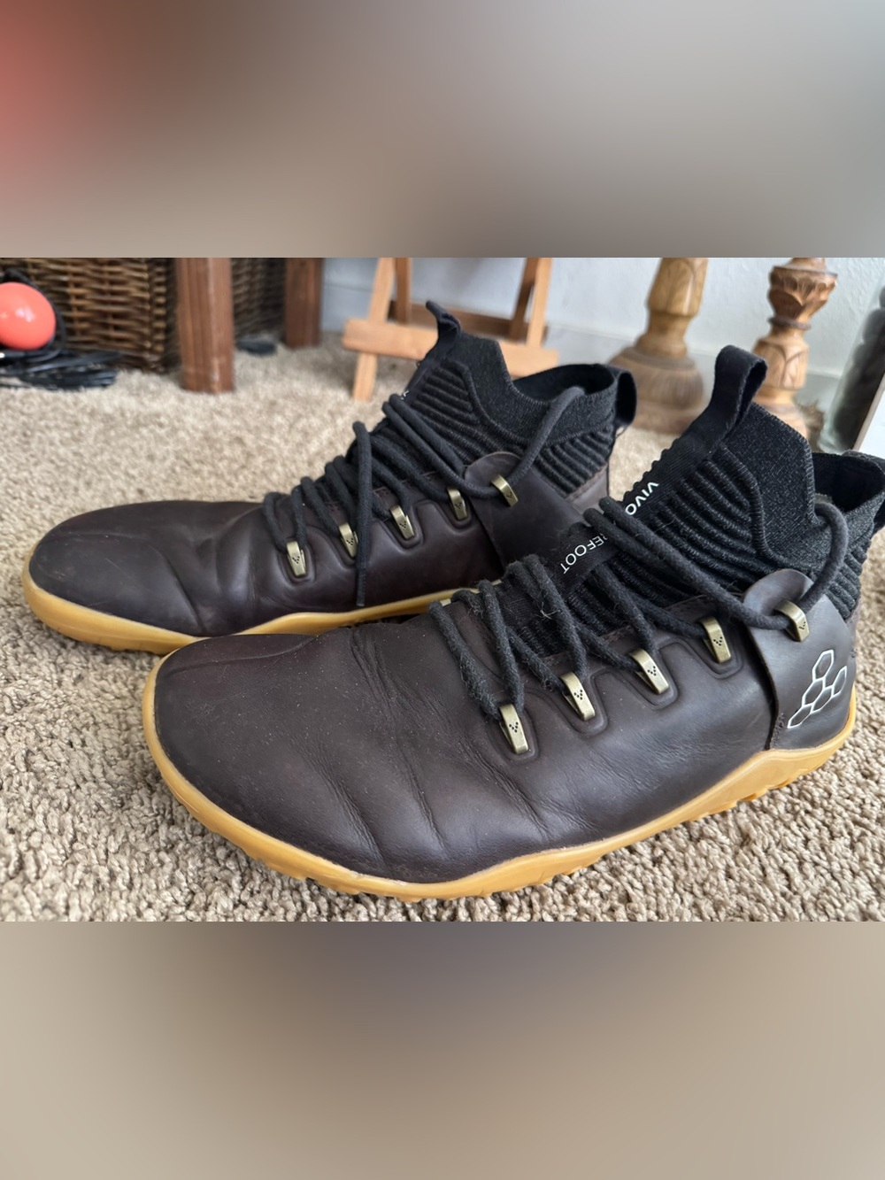 Vivo barefoot Brown Leather hiking boots with Black Knit Collar